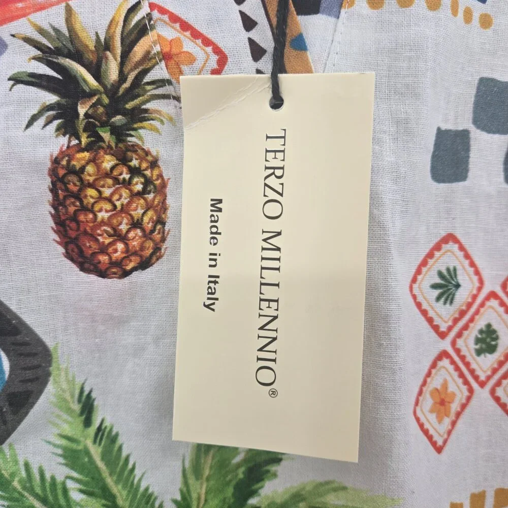 Terzo Millenio White Tropical Fruit Linen Made in Italy Sleeveless Blouse Small